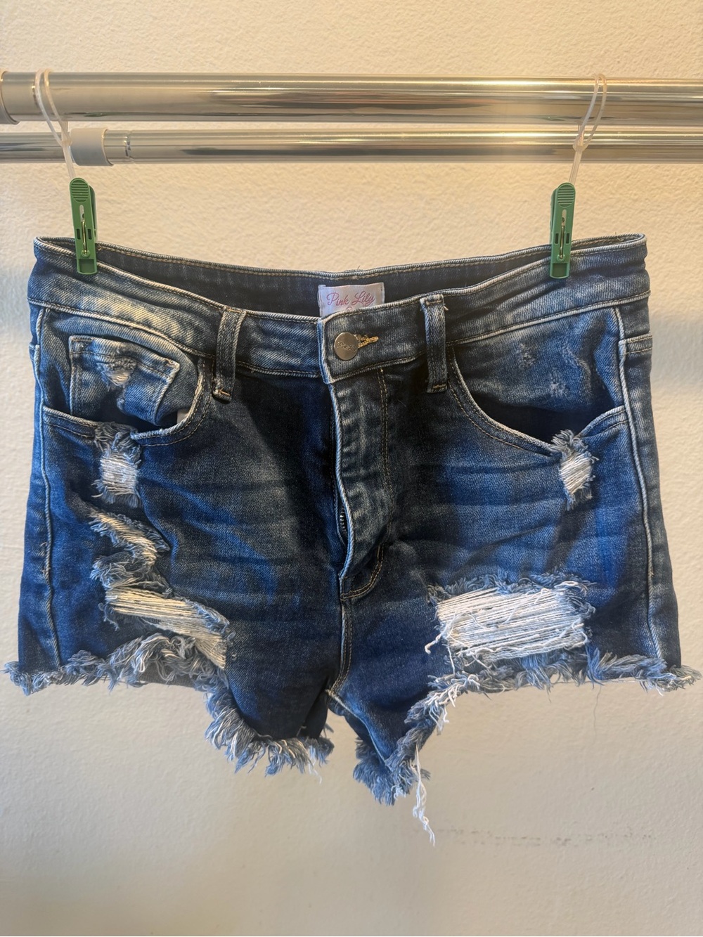 Pink Lily Dark Wash Distressed Denim Shorts